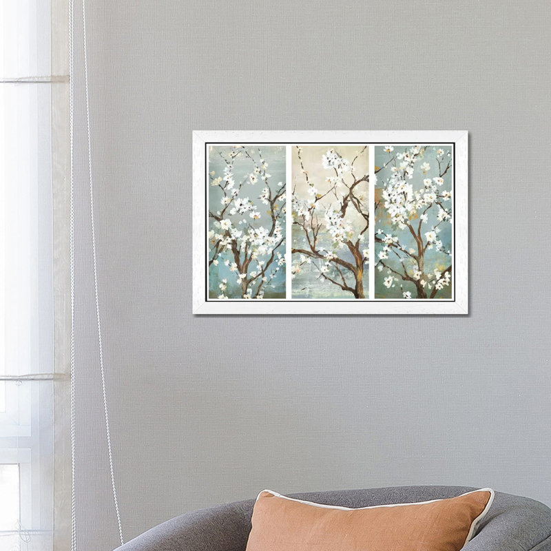 Triptych In Bloom - Painting on Canvas, White Framed, 101.6 cm H x 66.04 cm W