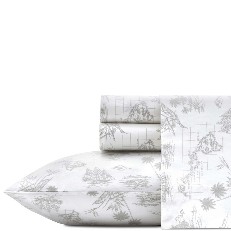 Tommy Bahama Printed Percale Cotton Sheet Set, Queen Sheet Set with 2 Pillowcases, Gray Vintage Map