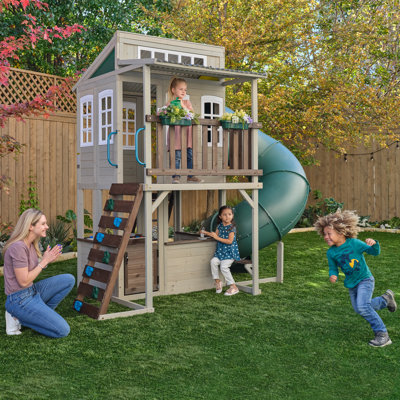 Cozy Escape Wooden Outdoor Two-Storey Playhouse with Slide, Kitchen, Rock Wall and Bench