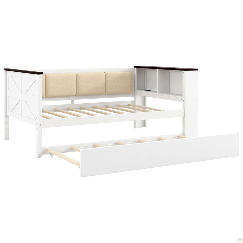 Lit de jour simple en bois avec tablettes de rangement, dossier rembourré, port USB et lit gigogne, Lit simple