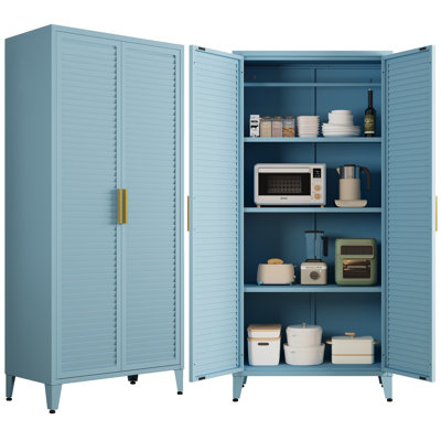Armoire de cuisine de style ferme de 155 cm de haut, meuble de rangement en métal bleu avec 2 portes à persiennes et 3 étagères réglables, meuble sur pieds pour entrée, chambre d'enfant, maison, bureau