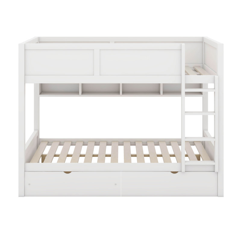 Full XL Over Full XL Bunk Bed With 2 Drawers, Wood Bunk Bed With Storage Cabinets And LED Lights, White