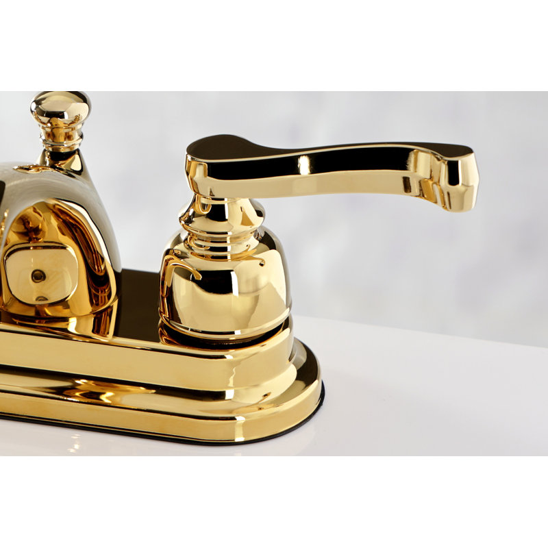 Kingston Brass Royale Two-Handle 3-Hole Deck Mount 4" Centerset Bathroom Faucet with Plastic Pop-Up, Polished Brass