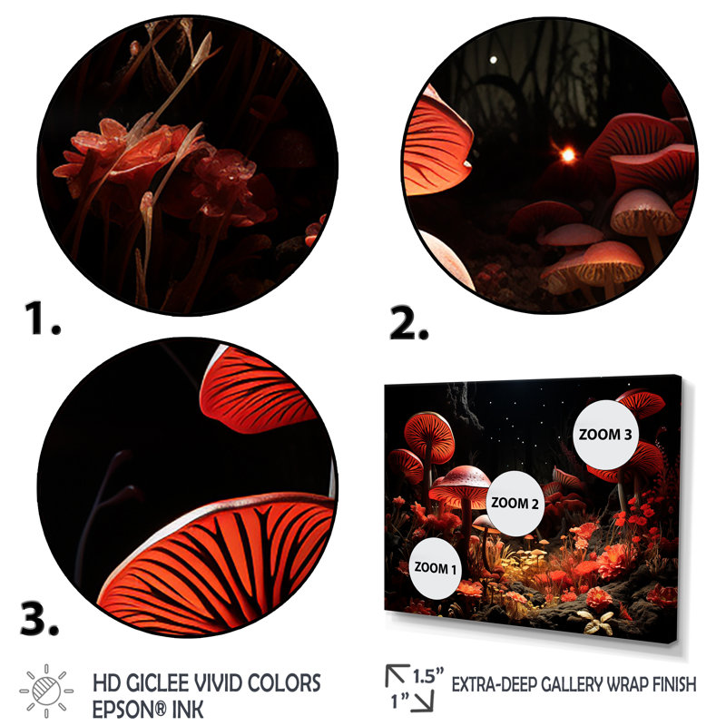 «Red Enchanted Mushroom Botanicals Garden», art mural botanique, Cadre d'angle fermé noir, H 30 po x l 40 po x P 1,5 po