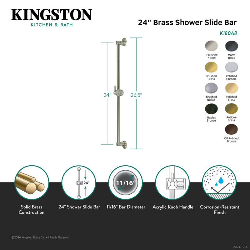 Kingston Brass Shower Scape Brass Shower Slide Bar, 24" H, Polished Brass