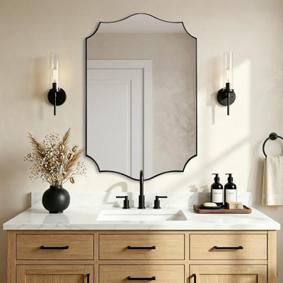 Anayalee Traditional Scalloped Rectangle Bathroom Vanity Mirror | Stainless Steel Frame