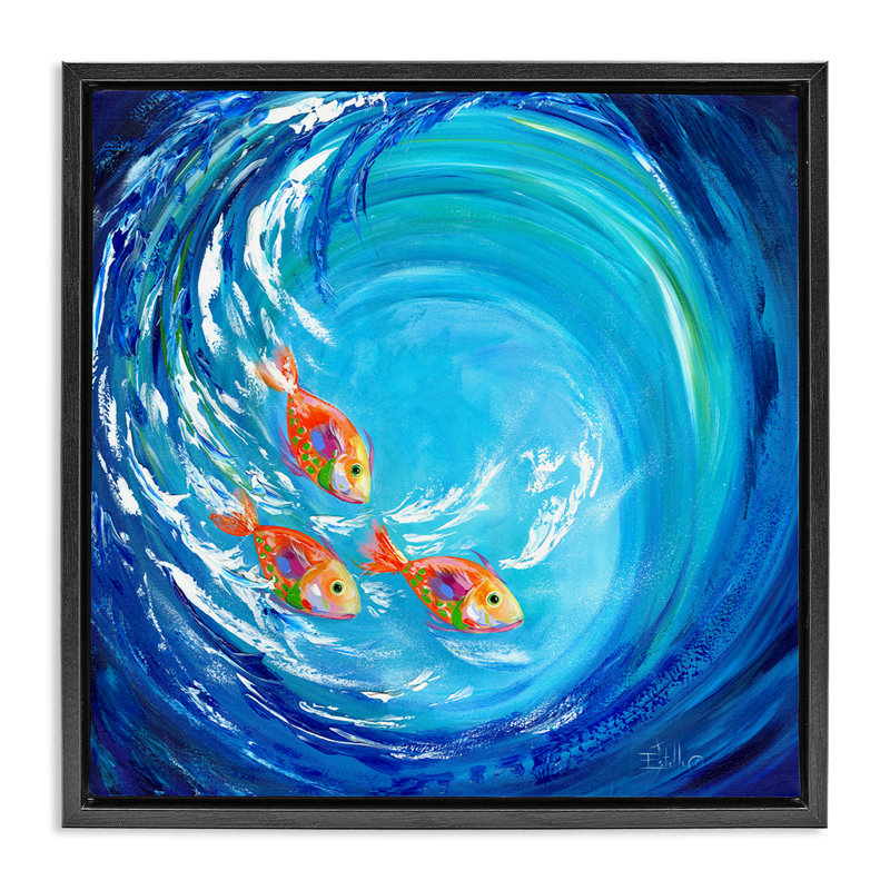 "Into The Blue Fish", art mural sur toile flottante par Estelle Grengs, Cadre flottant noir de jais, H 18 po x l 18 po