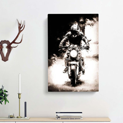 Motorbike Rider in Sepia in Abstract - Wrapped Canvas Painting Print