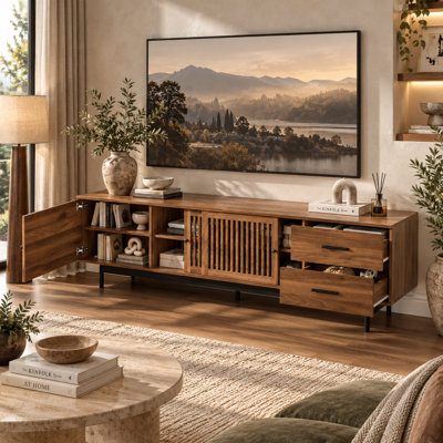 78 Inch Sliding Door TV Stand for 85 Inch TVs with 2 Drawers 3 Adjustable Shelves and Cable Management