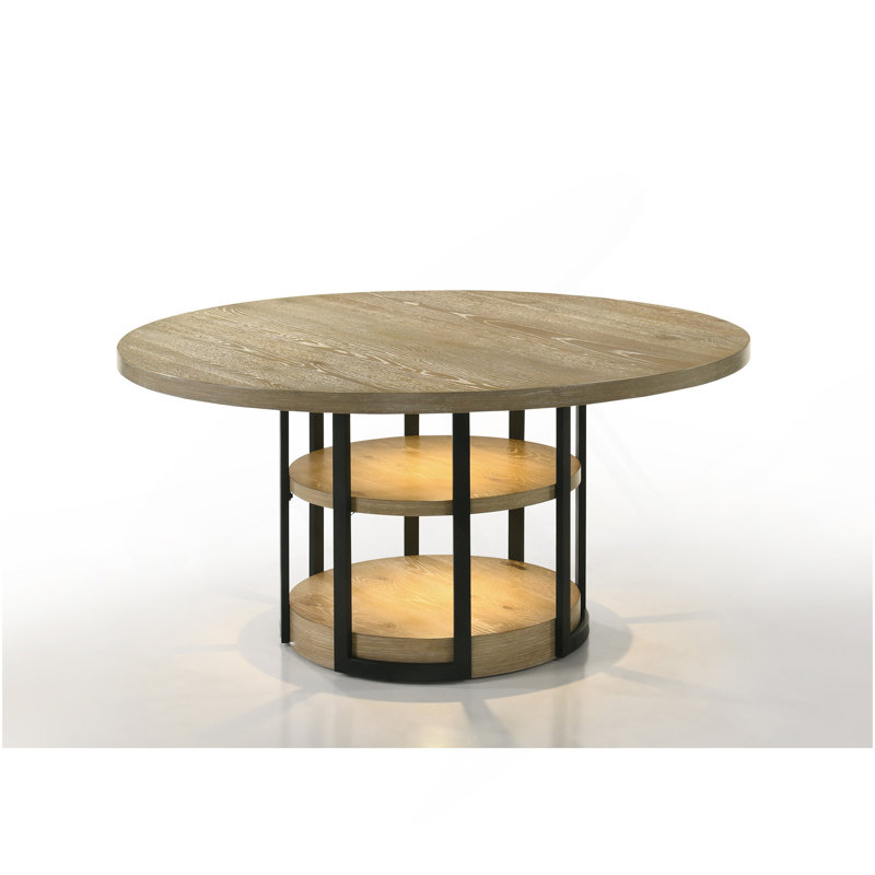Table de salle à manger ronde en chêne rustique avec lumière DEL, cadre en métal noir et tablettes Eden