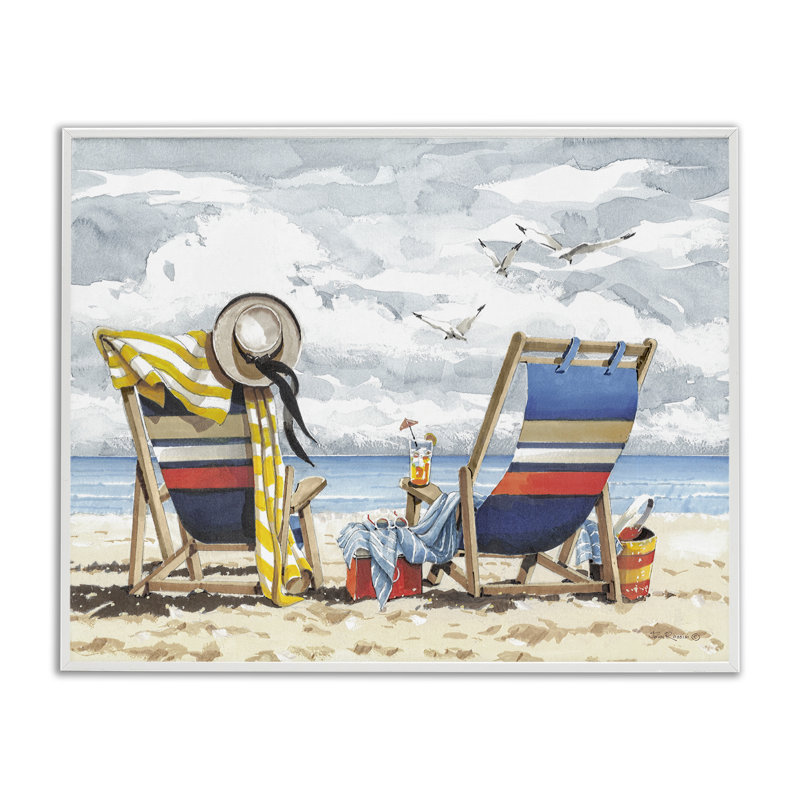 «Peaceful Chairs Beach», estampe numérique par John Rossini, Estampe numérique encadrée blanc bord de mer, H 24 po x l 30 po
