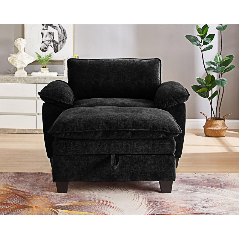 Chaise longue rembourrée avec repose-pieds et rangement, Noir