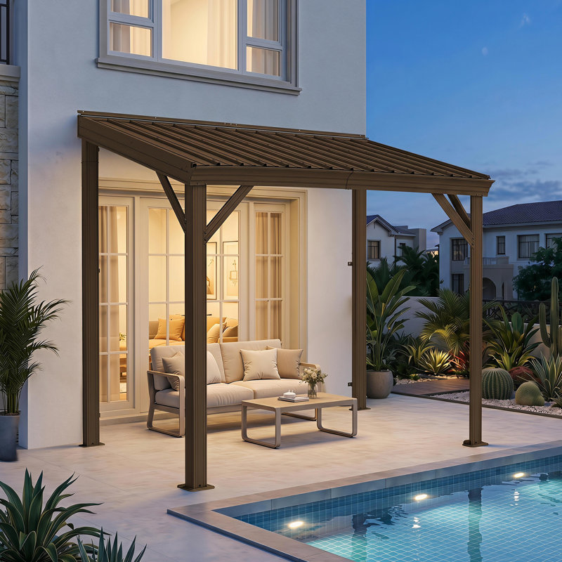 Pavillon de jardin pour terrasse, incliné, avec toit en acier galvanisé incliné, Brun