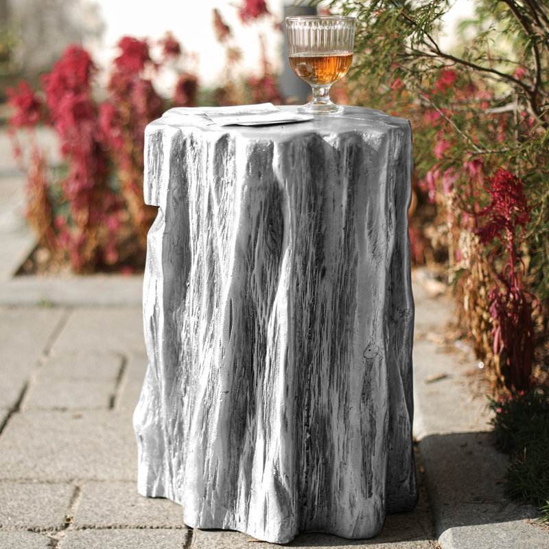 Tree Stump Trunk Side End Table, Faux Wood Patio Table, Garden Stool, Silver