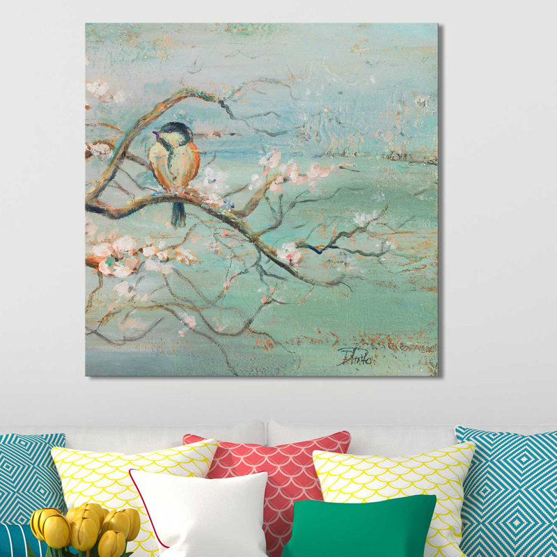 «Spring Branch with Birds», reproduction de peinture acrylique, H 18 po x l 18 po x P 1 po, Toile tendue