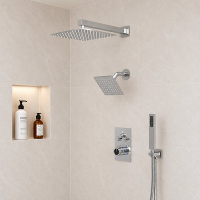 Robinet de douche mural à pluie haute pression 12 po, système de pomme de douche à double pluie avec valve thermostatique