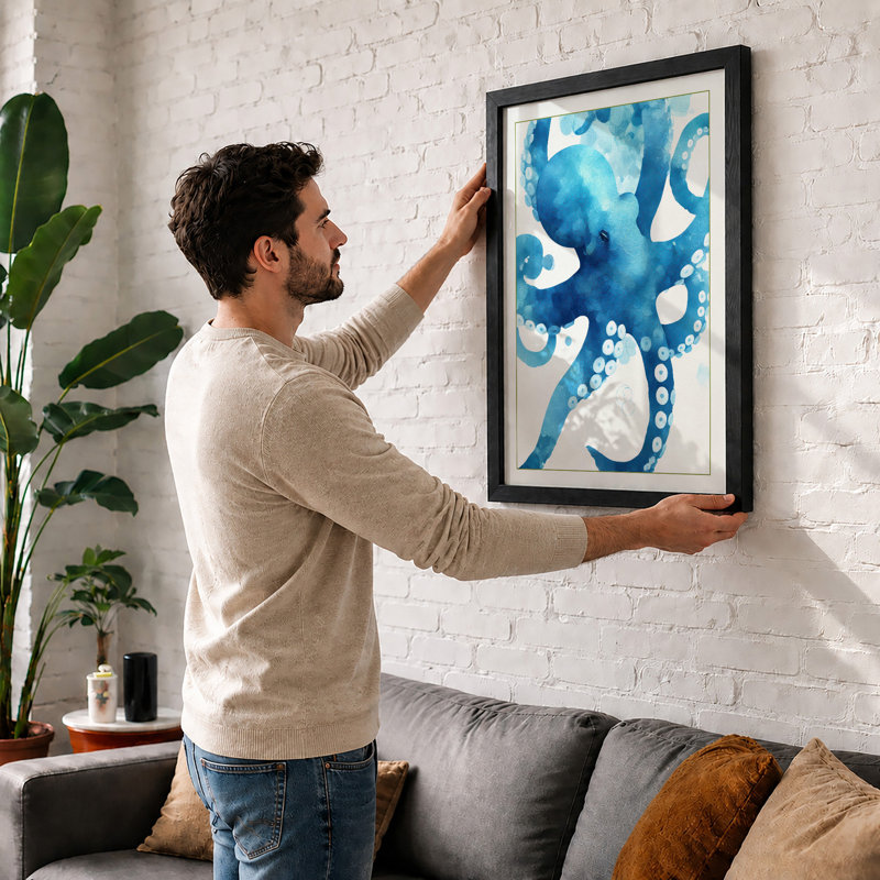 Flowing Octopus Coastal 1 Piece Single Picture Frame Wall Art, A4 - 29.7 x 21.0 cm, Black