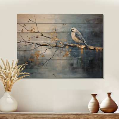 Gold And Blue Bird Bloom Springtime II - Bird On Tree On Wood Print