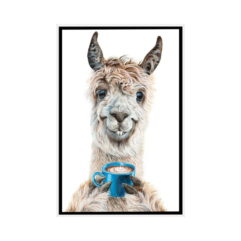 «Llama Latte» par Holly Surant - reproduction d'art, H 26 po x l 18 po x 1,5 po, Toile blanche encadrée, Pas de tapis