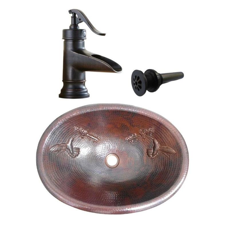Lavabo de salle de bain ovale en cuivre 19 po avec colibri, robinet et drain 7 po