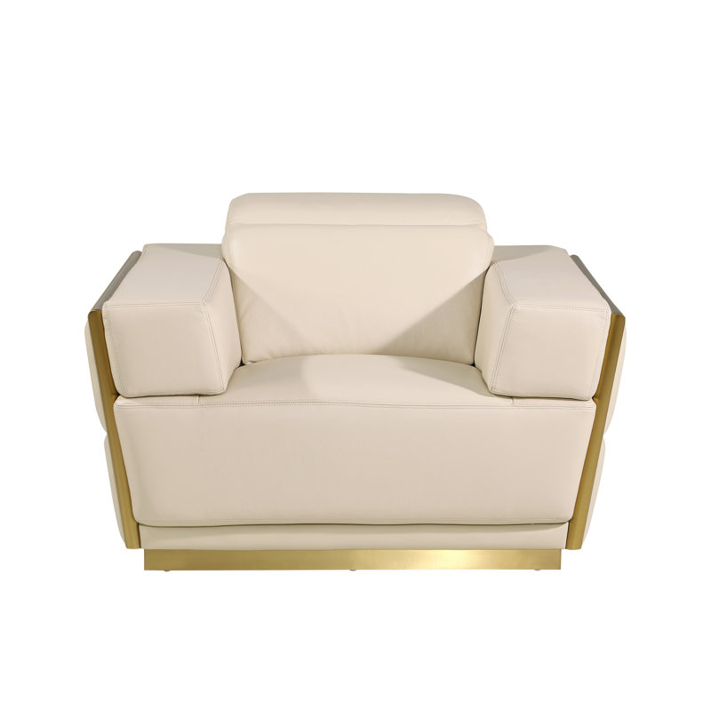 Chaise en cuir Hadice, Cuir véritable beige, Or