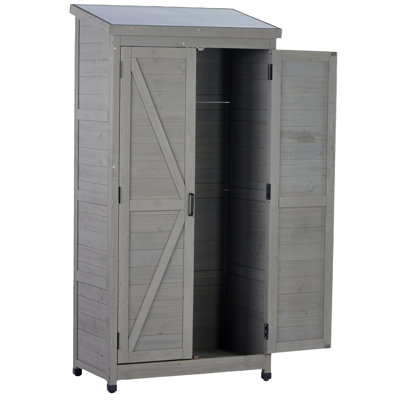Grand rangement extérieur vertical avec plateau en métal et 3 tablettes amovibles pour l'organisation des outils. L 33 po x l 18,5 po H 68 po Jardin, patio et pelouse. Bois revêtu de gris avec style. Armoire en bois à assemblage rapide - Étage