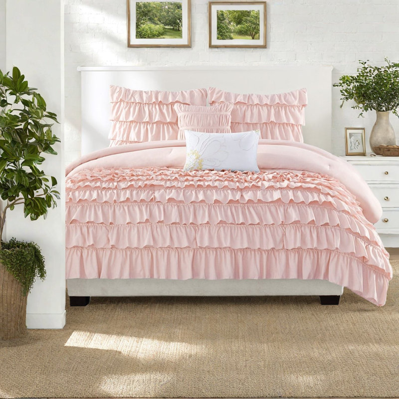 Elegant Polyester Bedding Sets, Blush Ruffle Design For Home Comfort