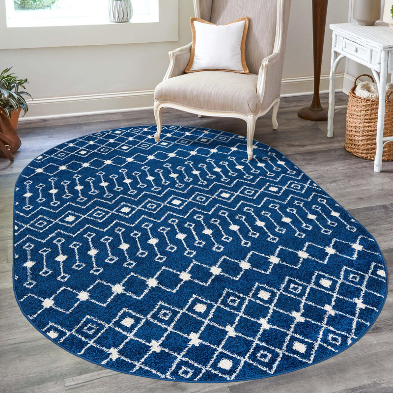 Tapis bleu / blanc en chenille / polyester tissé à la machine Briehn, Ovale 7 pi 10 po x 10 pi