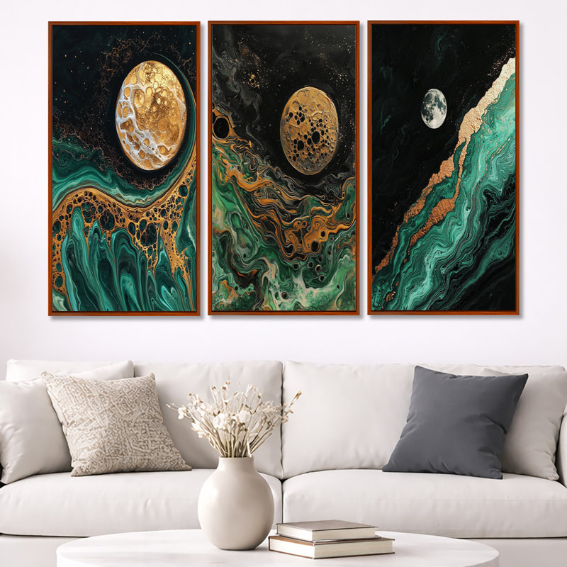 «Mystic Reverie of the Moon - Space», art mural encadré 3 pièces, H 32 po x l 48 po, Brown Floater Framed