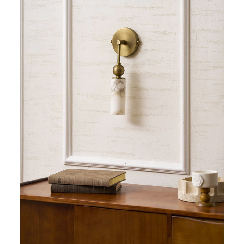 Antique Brass 1-Light Alabaster Cylinder Wall Sconce