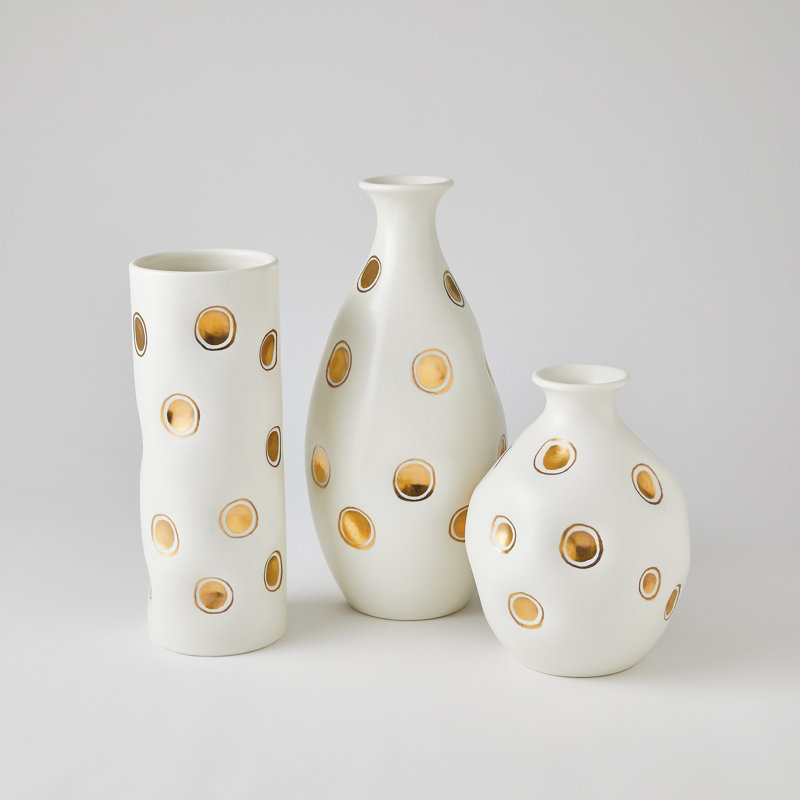 Dimples Handmade Ceramic Table Vase, White/Gold