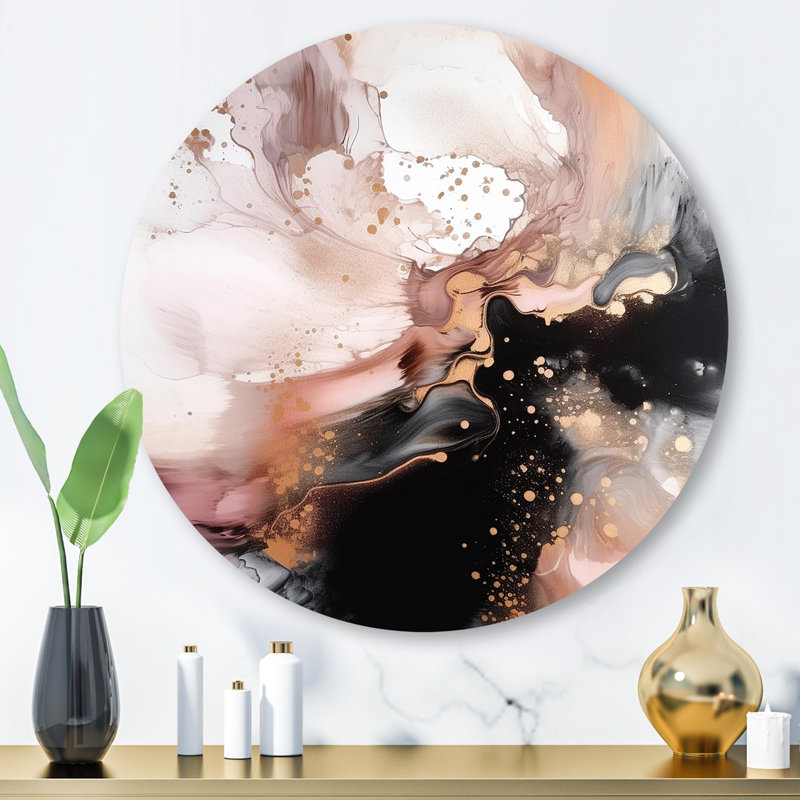 «Pink Gold Splash Marble II», art mural rond en marbre abstrait sur métal, H 29 po x l 29 po x P 1 po