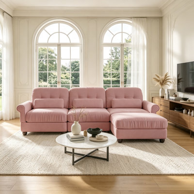 Canapé d'angle en chenille rose de 250 cm (98 po), pouf, coussin à volants et accoudoirs arrondis