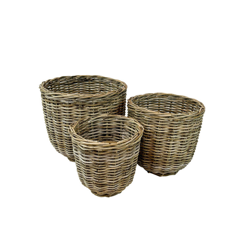 Set Of 3 Grey Round Rattan Baskets