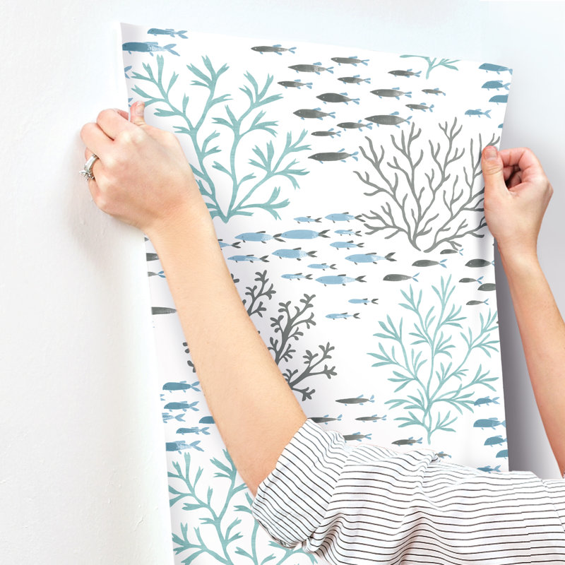 Kourou, Marine Garden, 33' L X 20.5" W Wallpaper Roll, Blue/Brown