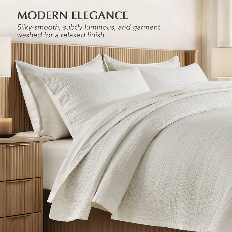 EVERGRACE Channel Stitch 100% Cotton Quilt Set, Pre-Washed Cotton Sateen Coverlet Bedspread, 3-Piece Soft & Breathable Bedding Set With 2 Shams For All Seasons