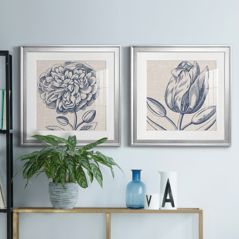 Indigo floral sur lin III - ensemble de 2 impressions d'art encadrées, H 22,5 po x l 45 po, Argent argent