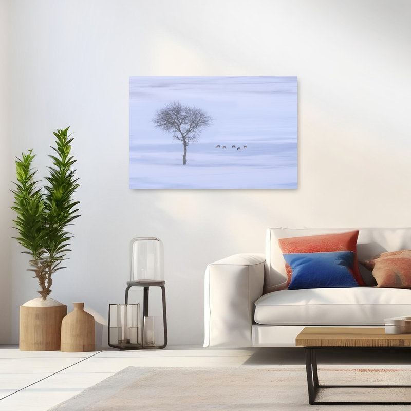 " Winter Deer And Bare Tree Ethereal Minimalist Peaceful Deer Horse Landscape Nature Wall Art Print " Print