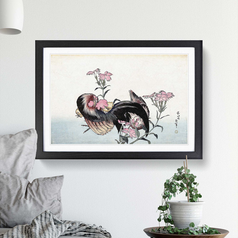 Cock, Hen & Nadeshiko by Katsushika Hokusai - Picture Frame Painting, 27cm H x 36cm W x 2cm D, Black Framed