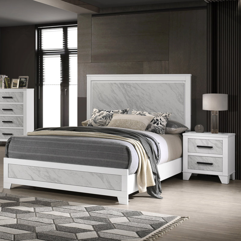 Bains Faux Marble Inset 2-Piece Bedroom Set, Full, 2 Pieces: Bed, Nightstand