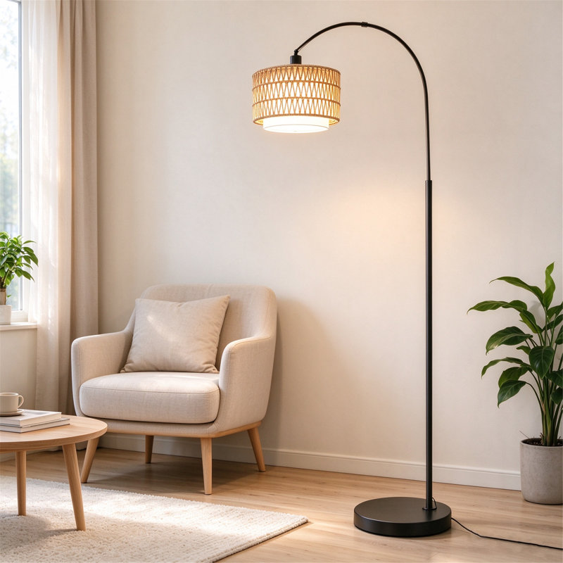 Lampadaire arqué en rotin de 168 cm, hauteur réglable, abat-jour tissé à la main et base en fer noir, style bohème, idéal pour le salon, la chambre ou un coin lecture. Ampoule incluse.