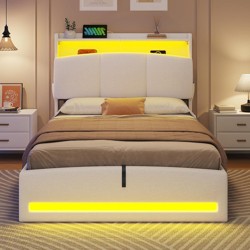 90x190 cm Single Bed with Hydraulic Storage and Charging Station Upholstered Storage Headboard, Space-saving, Beige