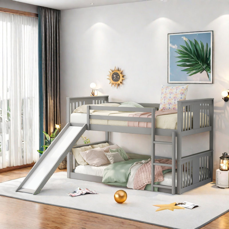 Lit superposé bas avec glissière réversible, Gris, Double sur double