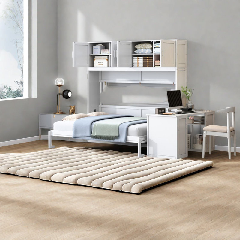 Lit escamotable peu encombrant avec rangement, grand lit escamotable en bois aggloméré pour maison moderne