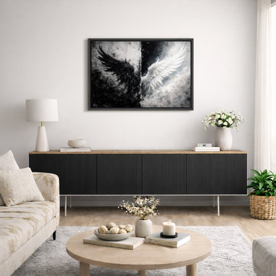 Black White Angel Wings Artwork, Dual Contrast Abstract Living Room Pictures, Framed Canvas Giclee Print Wall Art