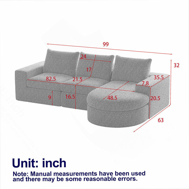 Canapé modulaire courbé avec méridienne Chenille Cloud, Gris chenille