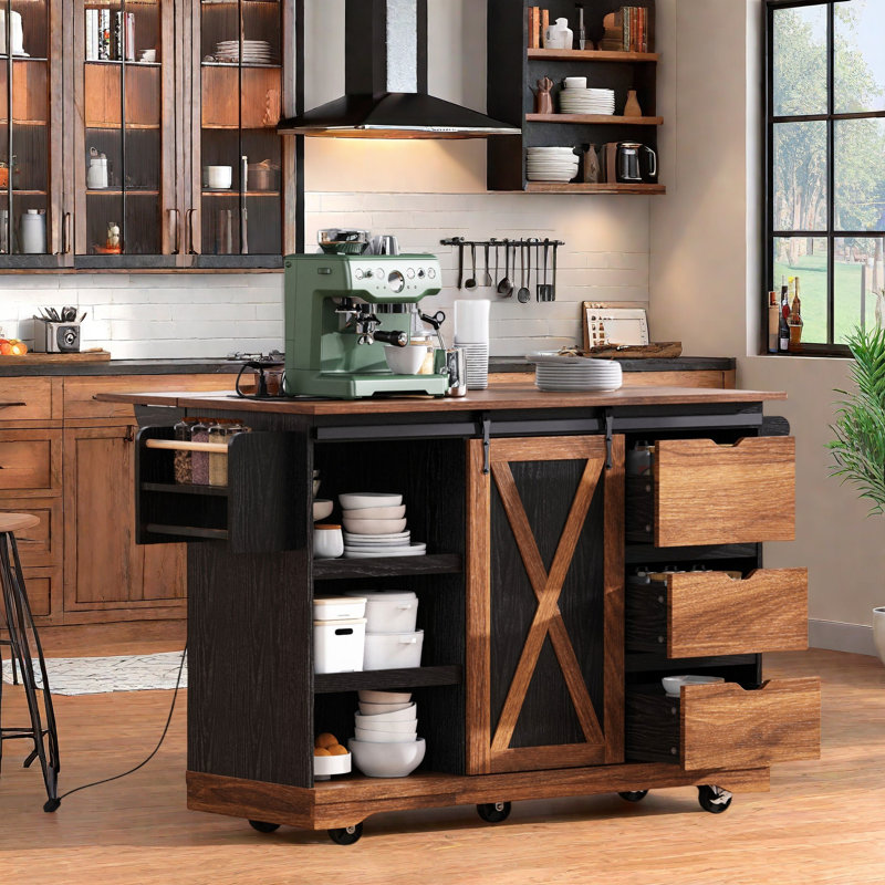 55.5'' Farmhouse Kitchen Island With Drop Leaf, Storage, Power Outlet & Wheels - Ideal For Home, Kitchen & Dining Room?