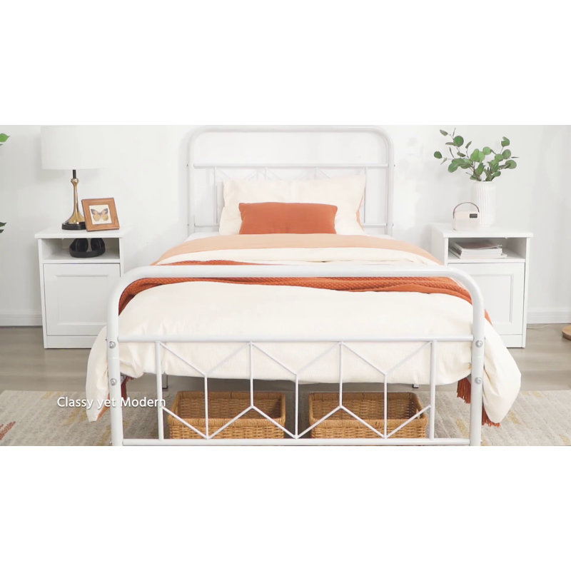 White Queen Metal Platform Bed Frame with Headboard