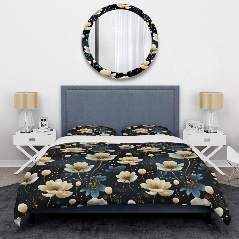 Ivory & Blue Boho Chic Floral Pattern Polyester Box Stitch Floral Duvet Cover Set, Twin Duvet Cover + 1 Standard Sham