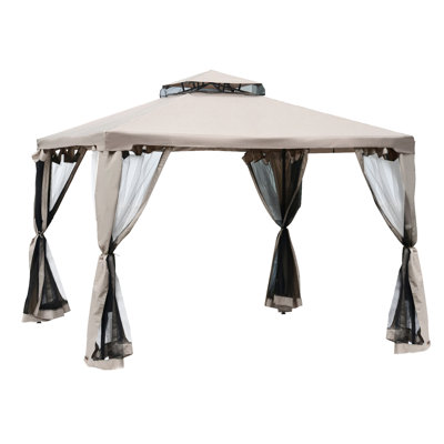 9.6' X Canopy For Outdoor Gazebo, 2 Roof With Netting. Protection, Steel Construction Garden, Lawn, Backyard, Deck. Taupe, Spacious & Structure, And Netting, Protection Garden Lawn Backyard Deck,